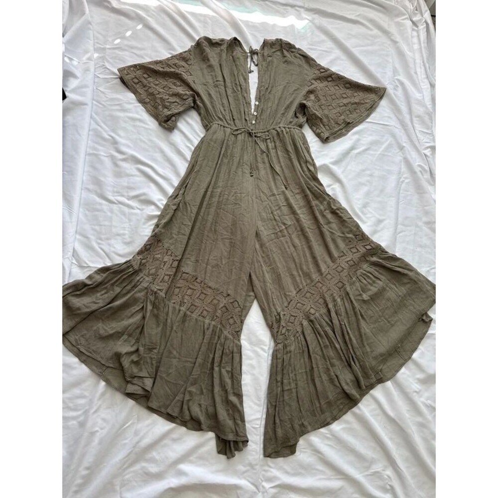 Free People Angela Lace Embroidered Wide Ruffle Leg Jumpsuit